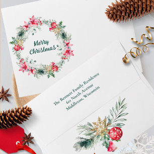 Elegant Poinsettia Winter Holiday Christmas Wreath Envelope
