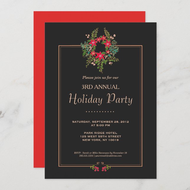 Elegant Poinsettia Wreath Black Holiday Party Invitation (Front/Back)