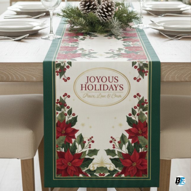 Elegant Poinsettia Wreath Christmas Dinner Short Table Runner (Christmas Table Runner)