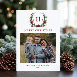 Elegant Poinsettia Wreath Monogram Photo Holiday Card