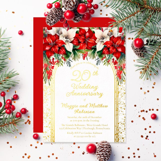 Elegant Poinsettias 20th Wedding Anniversary (Elegant Red and White Poinsettias Holiday "20th Anniversary" Party Gold Foil Invitation)