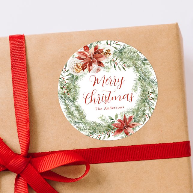 Elegant Poinsettias and Greenery Classic Round Sticker (Creator Uploaded)
