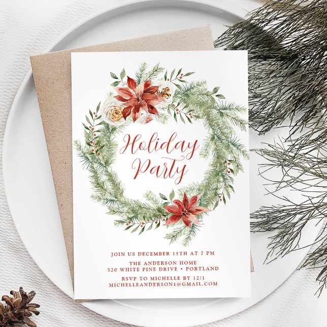 Elegant Poinsettias and Greenery Holiday Party Invitation (Creator Uploaded)