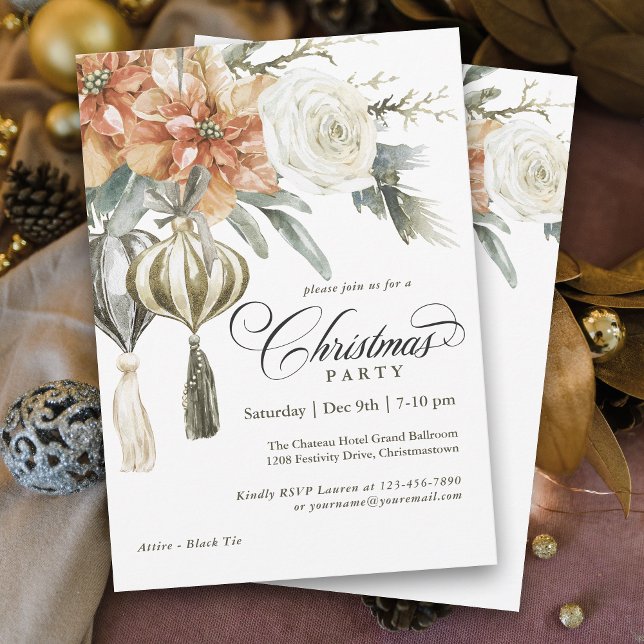 Elegant Poinsettias and Ornaments Christmas Party Invitation (Personalize this elegant Christmas Party invitation with your event details.)