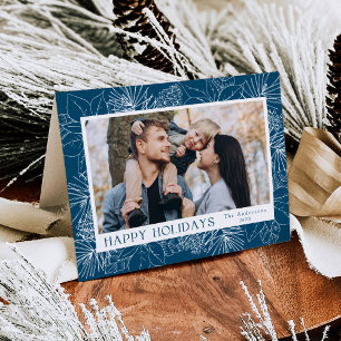 Elegant Poinsettias and Pinecones Blue 2 Photo Holiday Card