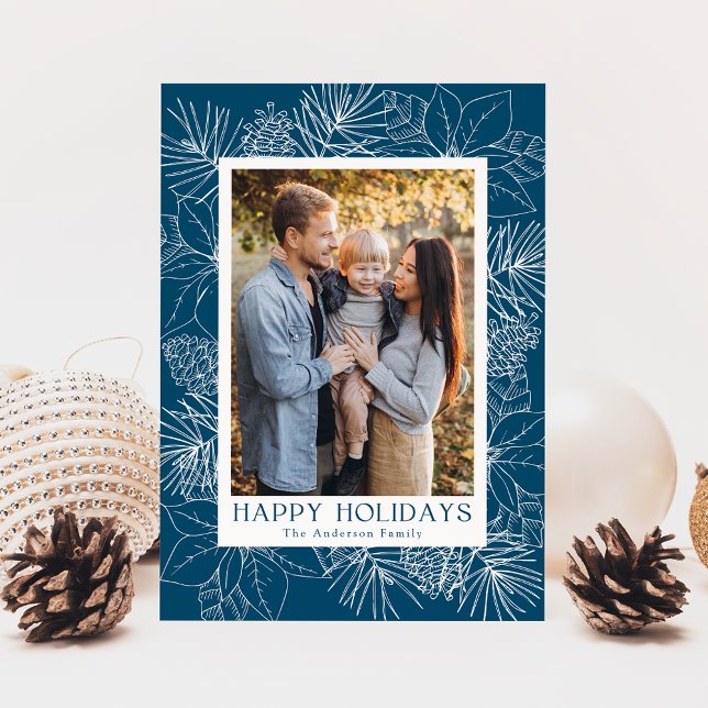 Elegant Poinsettias and Pinecones Blue Photo Holiday Card (Creator Uploaded)