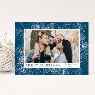 Elegant Poinsettias and Pinecones Blue Photo Holiday Card