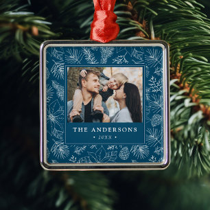Elegant Poinsettias and Pinecones Blue Photo Metal Ornament