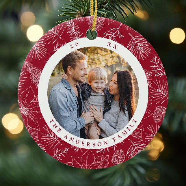 Elegant Poinsettias and Pinecones Burgundy Photo Ceramic Ornament (Creator Uploaded)