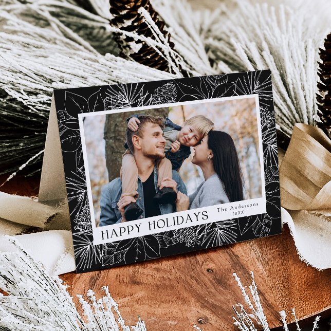 Elegant Poinsettias and Pinecones Charcoal 2 Photo Holiday Card (Creator Uploaded)