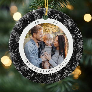 Elegant Poinsettias and Pinecones Charcoal Photo Ceramic Ornament
