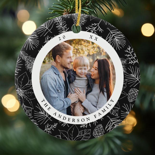 Elegant Poinsettias and Pinecones Charcoal Photo Ceramic Ornament (Creator Uploaded)