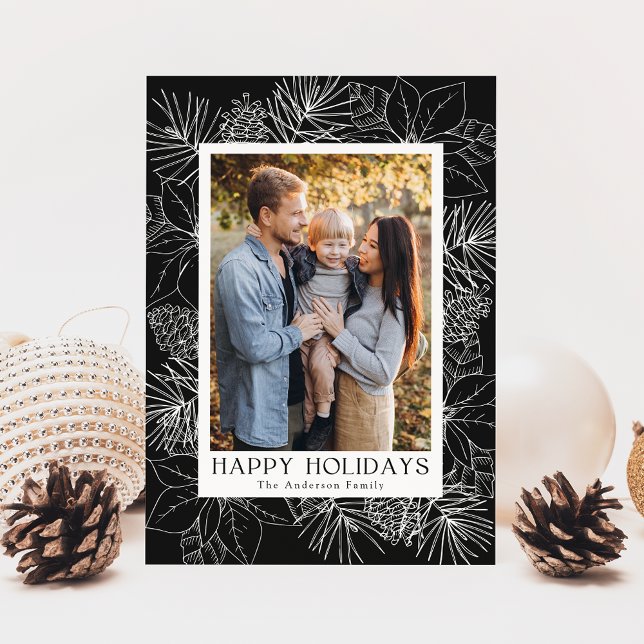 Elegant Poinsettias and Pinecones Charcoal Photo Holiday Card (Creator Uploaded)