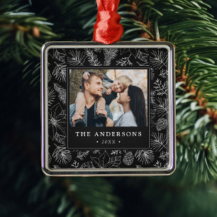 Elegant Poinsettias and Pinecones Charcoal Photo Metal Ornament