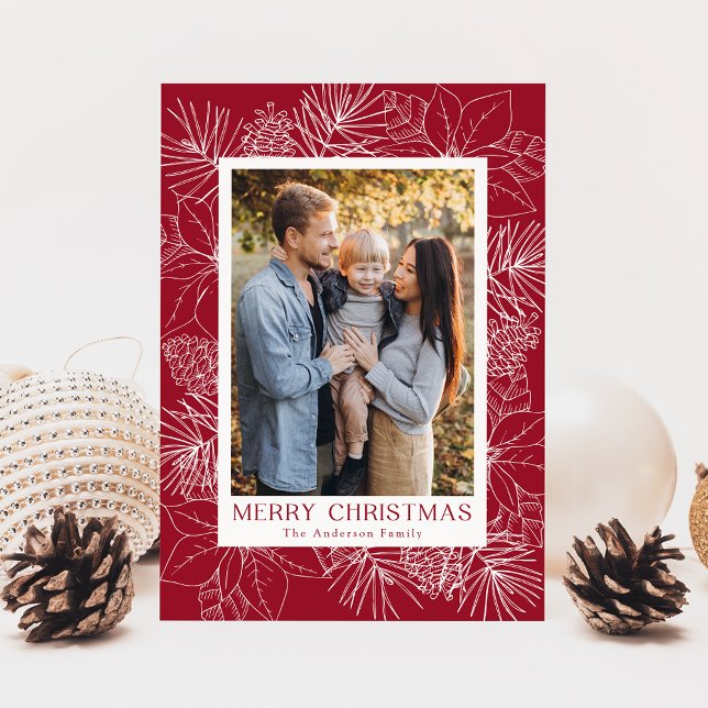 Elegant Poinsettias and Pinecones Cranberry Photo Holiday Card (Creator Uploaded)