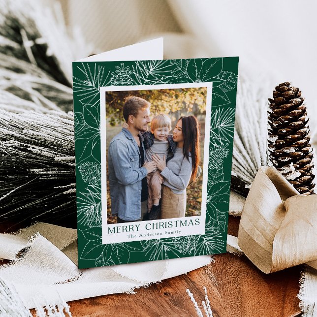 Elegant Poinsettias and Pinecones Green 2 Photo Holiday Card (Creator Uploaded)