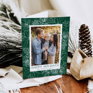 Elegant Poinsettias and Pinecones Green 2 Photo Holiday Card