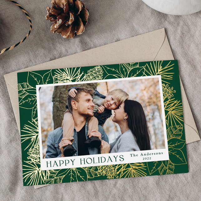 Elegant Poinsettias and Pinecones Green Photo Foil Holiday Card (Creator Uploaded)