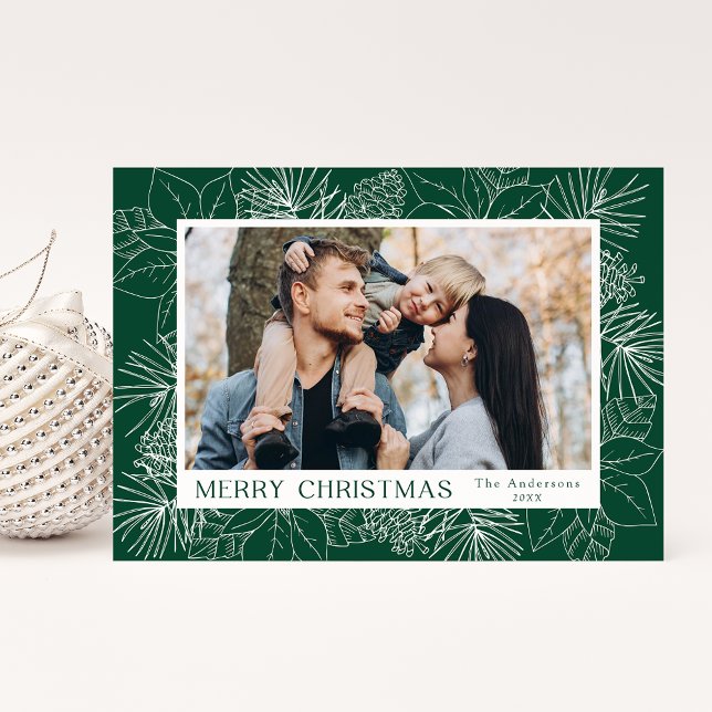 Elegant Poinsettias and Pinecones Green Photo Holiday Card (Creator Uploaded)