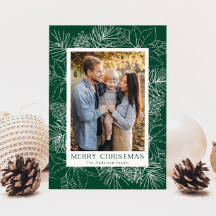 Elegant Poinsettias and Pinecones Green Photo Holiday Card