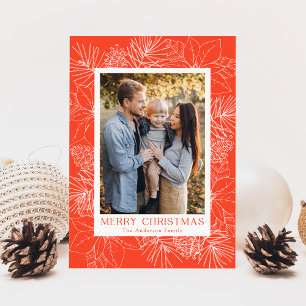 Elegant Poinsettias and Pinecones Orange Photo Holiday Card