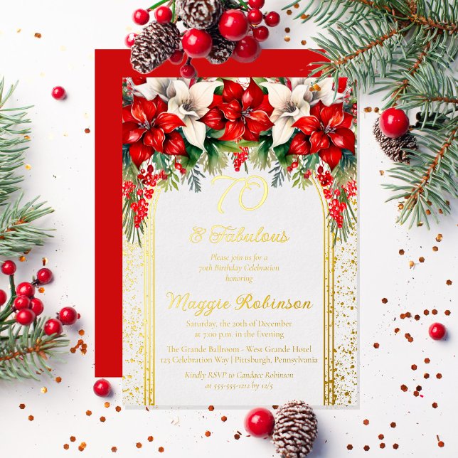 Elegant Poinsettias Floral 70th Birthday Party (Elegant Red and White Poinsettias Holiday "70 and Fabulous" Birthday Party Gold Foil Invitation)