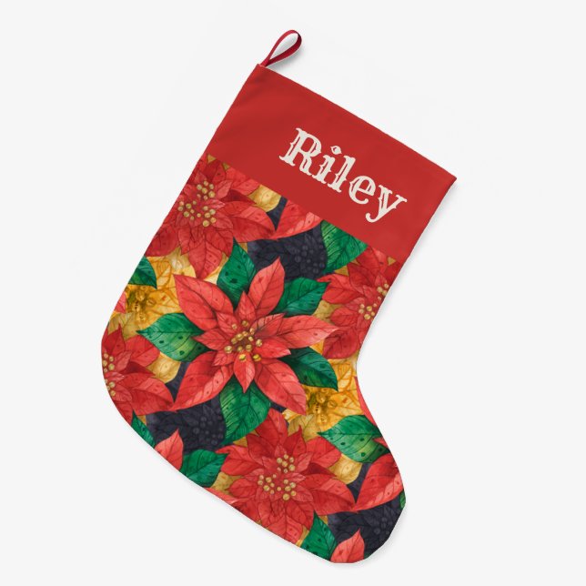 Elegant Poinsettias Floral Christmas Holiday Large Christmas Stocking (Front (Hanging))