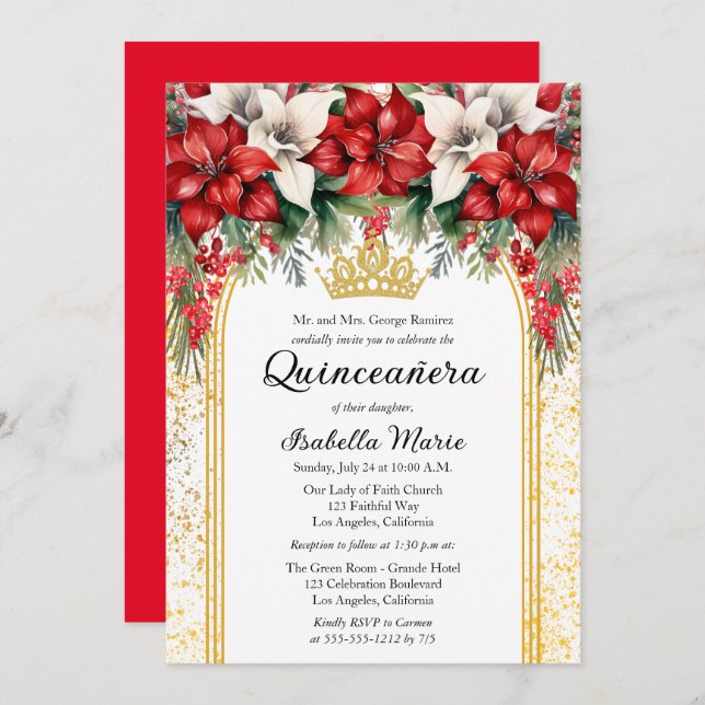 Elegant Poinsettias Floral Quinceañera Party Invitation (Front/Back)