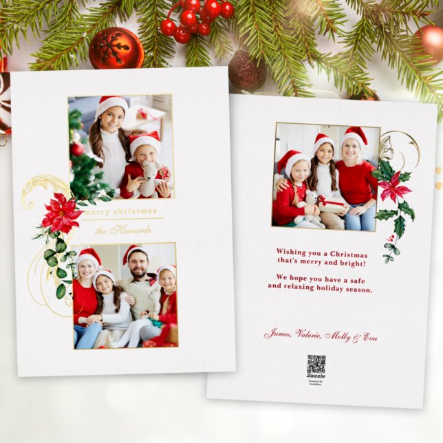 Elegant Poinsettias & Gold Scrolls 2-Photo Foil Holiday Card (Creator Uploaded)