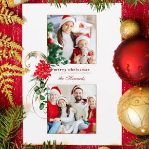 Elegant Poinsettias & Gold Scrolls 2-Photo Holiday Card