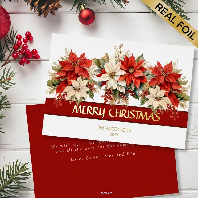 Elegant Poinsettias Merry Christmas  Foil Holiday Card (Creator Uploaded)