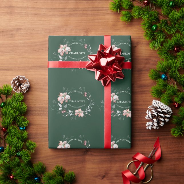 Elegant Pointsetta and Berry Wreath Name Wrapping Paper (Holiday Gift)