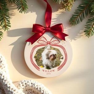 Elegant Polka Dot Christmas Bow Photo Keepsake Ceramic Ornament
