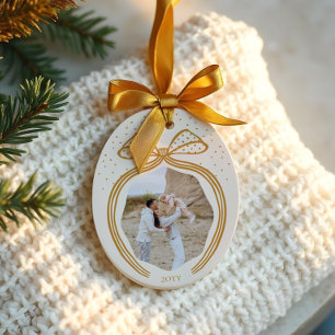 Elegant Polka Dot Christmas Bow Photo Keepsake Ceramic Ornament