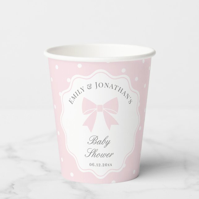 Elegant Polka Dots Baby Pink Bow Girl Baby Shower Paper Cups (Back)