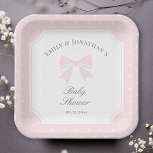 Elegant Polka Dots Baby Pink Bow Girl Baby Shower Paper Plate