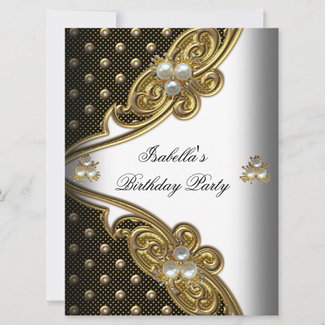 Elegant Polka Dots White Black Gold Party Invitation (Front)