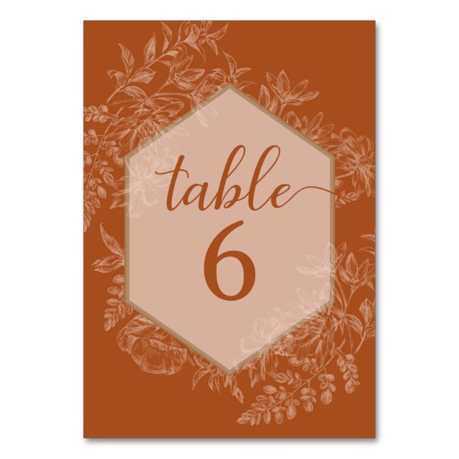 Elegant Polygon Geometric Floral Terra Cotta Table Number (Front)