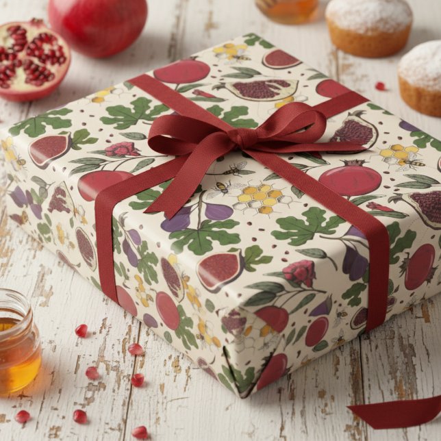 Elegant Pomegranates, Figs and Honey Bees Wrapping Paper (Cream Jewish New Year Rosh Hashanah Gift Wrap. Pomegranate Fruit, Fig, Honey Bee Judaica Pattern)