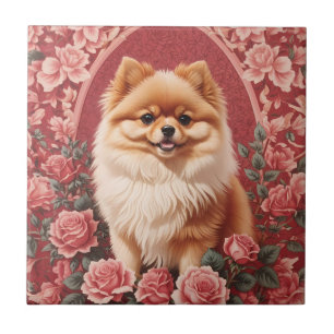 Elegant Pomeranian Dog William Morris Inspired Ceramic Tile