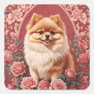 Elegant Pomeranian Dog William Morris Inspired Square Sticker