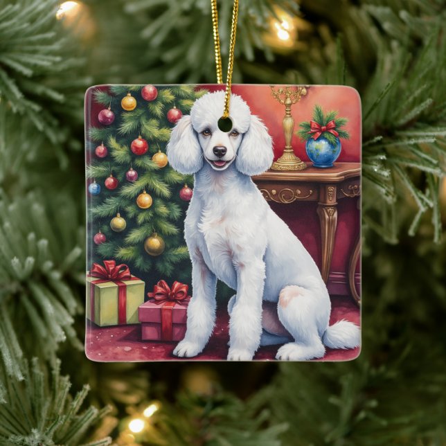 Elegant Poodle Beside Christmas Tree Holiday Dog  Ceramic Ornament (Tree)