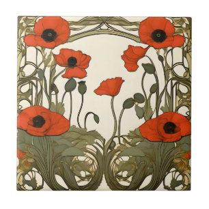 Elegant  Poppies Art Nouveau Ceramic Tile