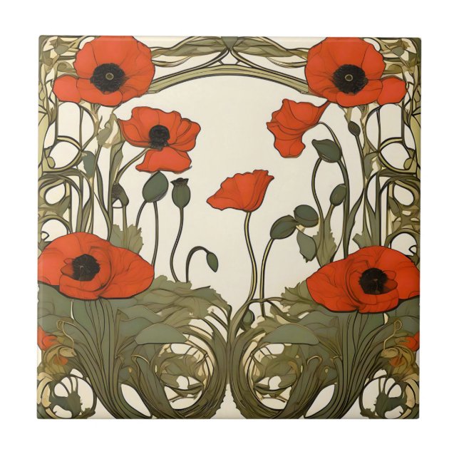 Elegant  Poppies Art Nouveau Ceramic Tile (Front)