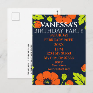 Elegant Poppies Black Birthday Invitation Postcard