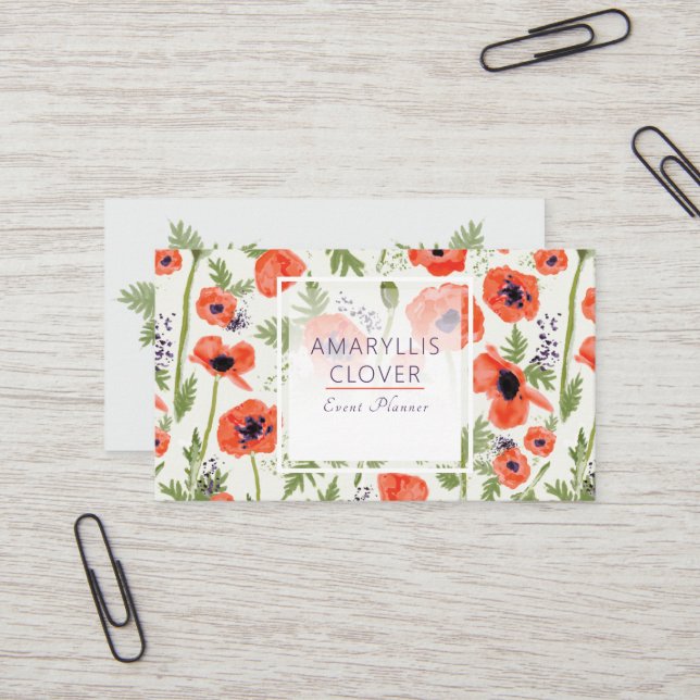 Elegant Poppies Orange Floral Pattern Business Card (Front/Back In Situ)