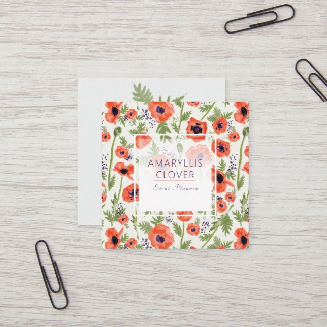 Elegant Poppies Orange Watercolor Pattern Square Business Card (Front/Back In Situ)