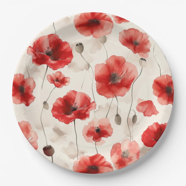 Elegant poppies pattern napkins paper plate (Front)