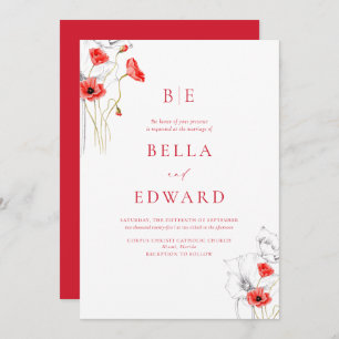 Elegant Poppy Red Monogram Floral Formal Wedding Invitation