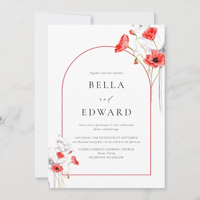 Elegant Poppy Red Watercolor Floral Wedding Invitation (Front)